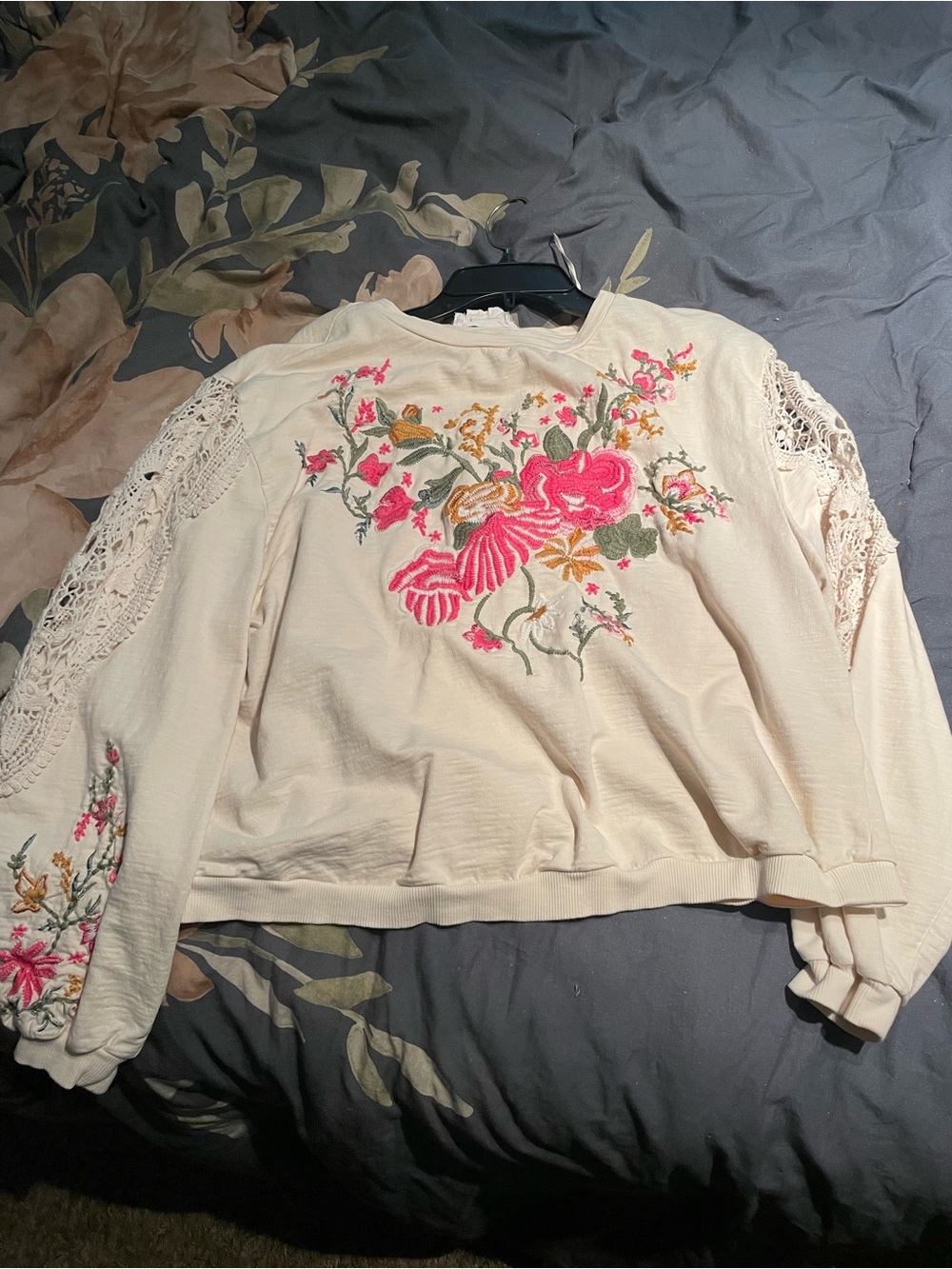Anthropologie Cream Sweatshirt with Pink & Green Floral Embroidery - Picture 7 of 8